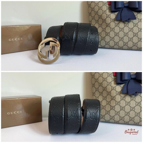 Auth Gucci Black Guccissima Leather Silver Interlocking G Buckle Belt 95/38 - Picture 8 of 13